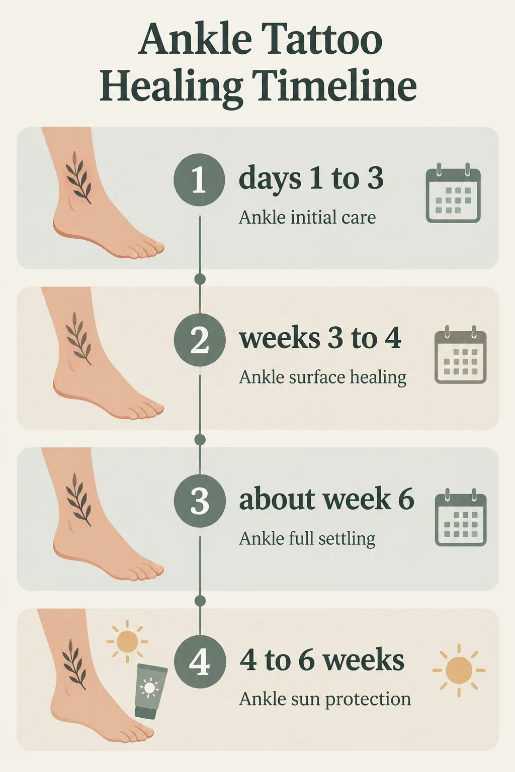 Ankle tattoo healing: care on days 1 to 3, surface healed by weeks 3 to 4, settled by about week 6, no sun for 4 to 6 weeks.