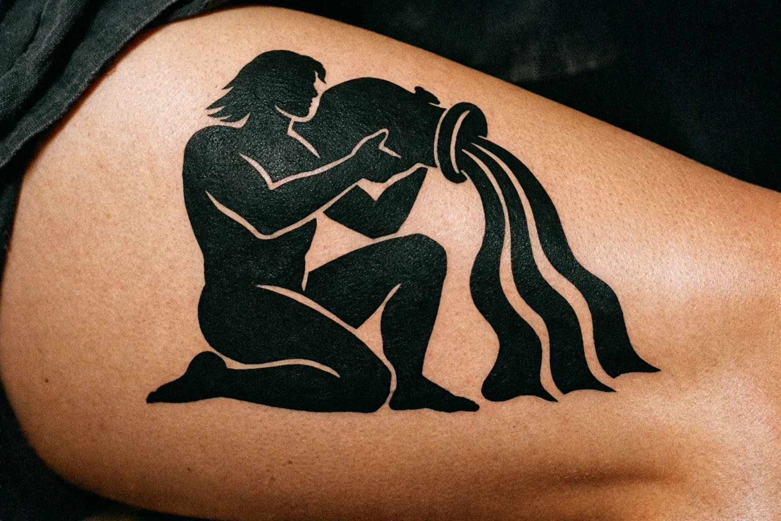 A large Aquarius water-bearer tattoo is inked on a person's thigh.