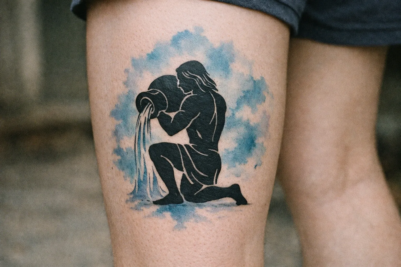 Aquarius water bearer tattoo on the upper thigh of a person wearing shorts.