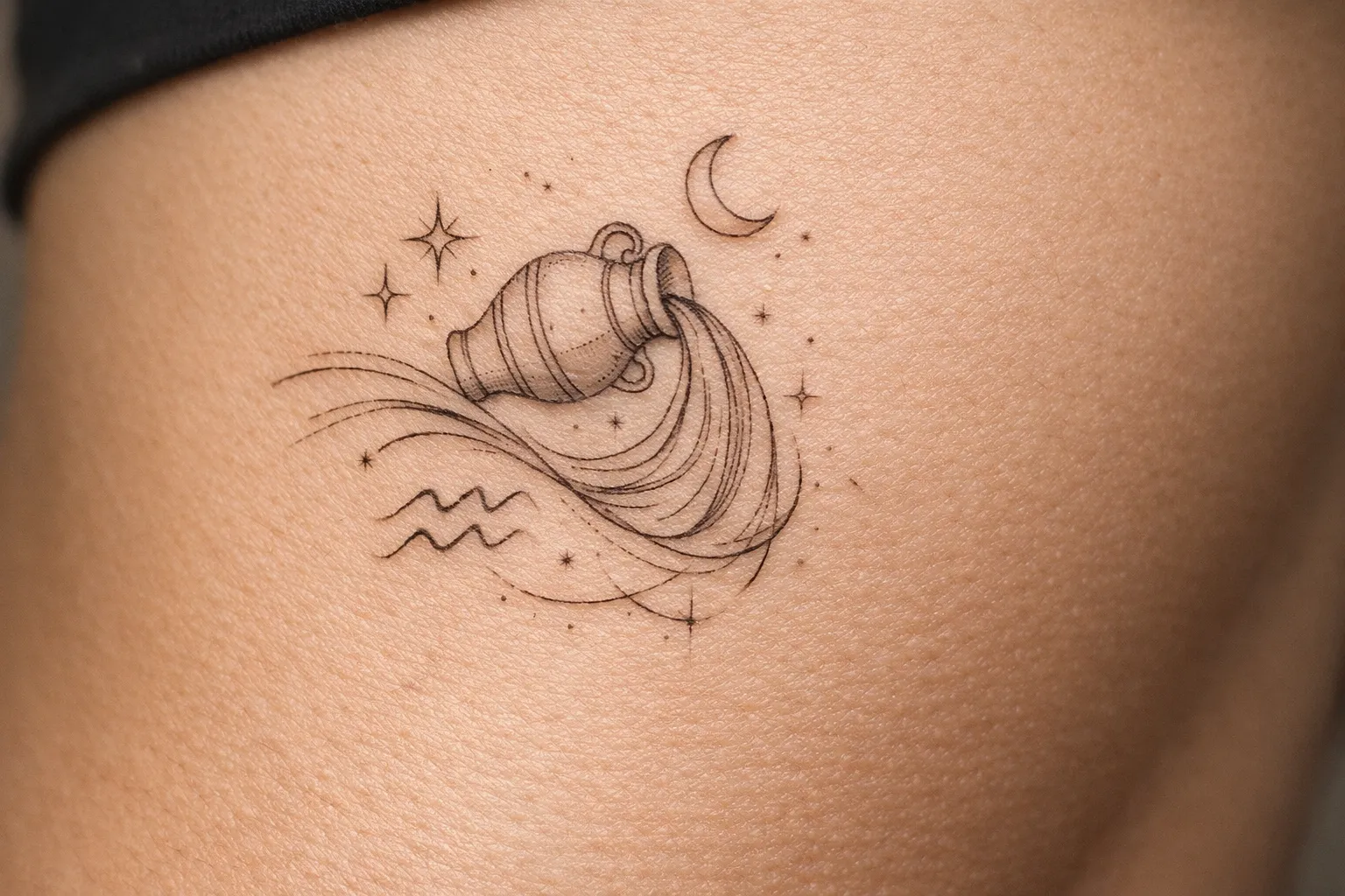 Aquarius glyph tattoo along the ribcage in minimalist linework
