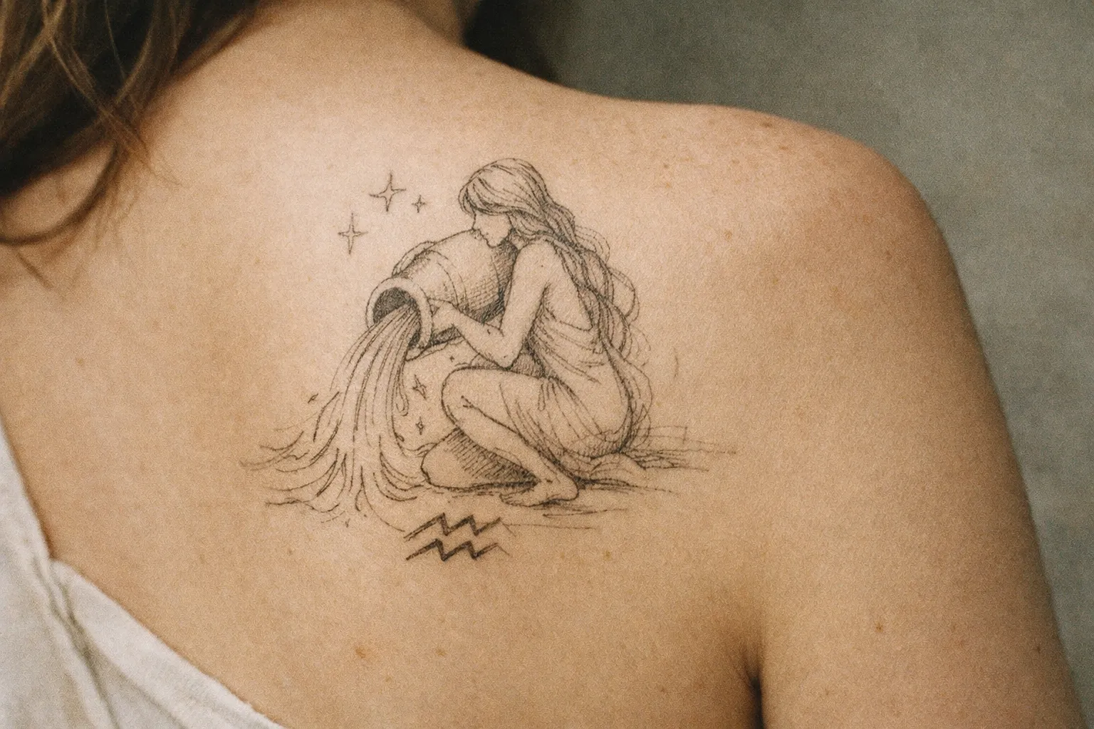 A tattoo of a woman pouring water from a jug is on a person's upper back.