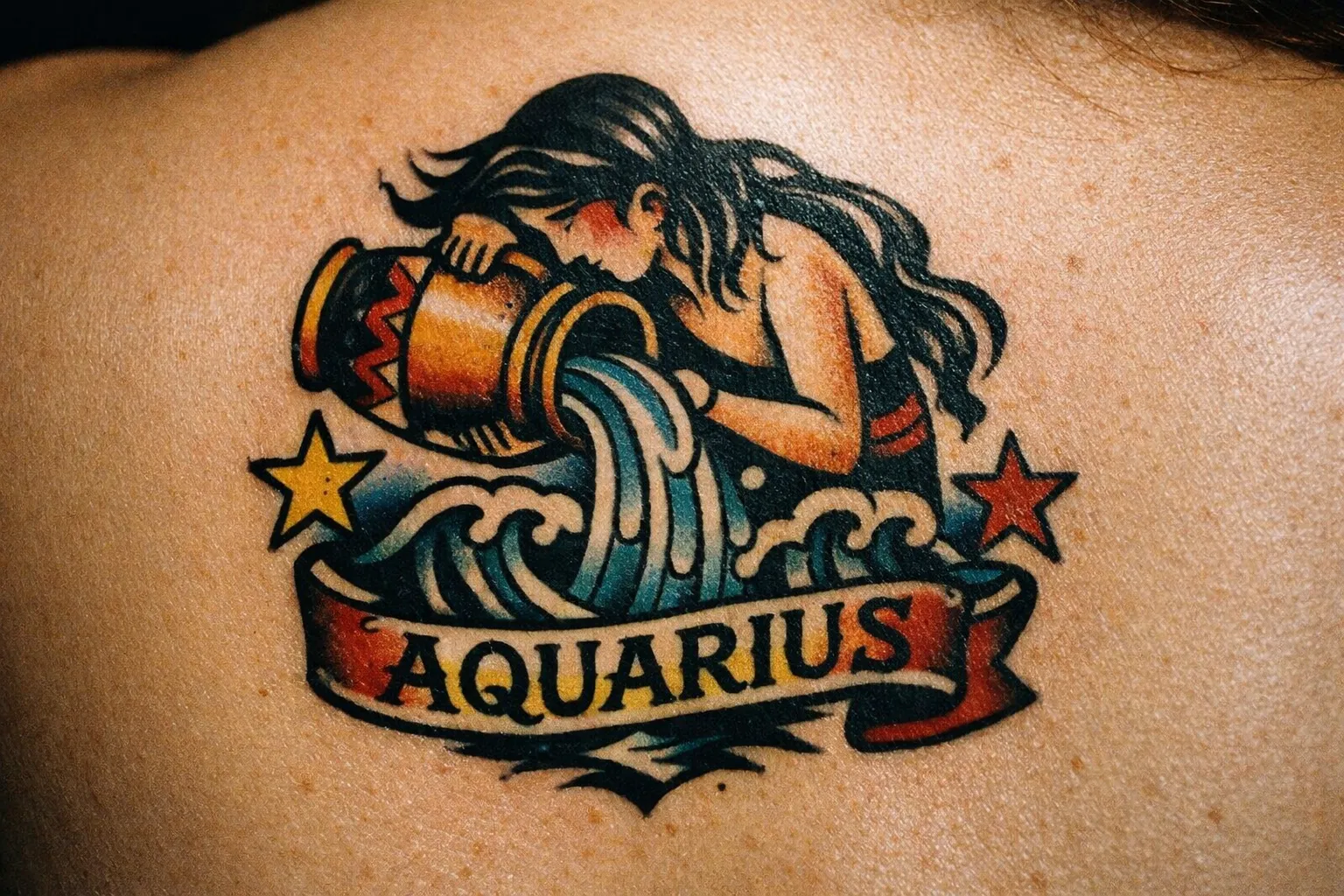 A colorful Aquarius tattoo with a woman pouring water is inked on someone's upper back.