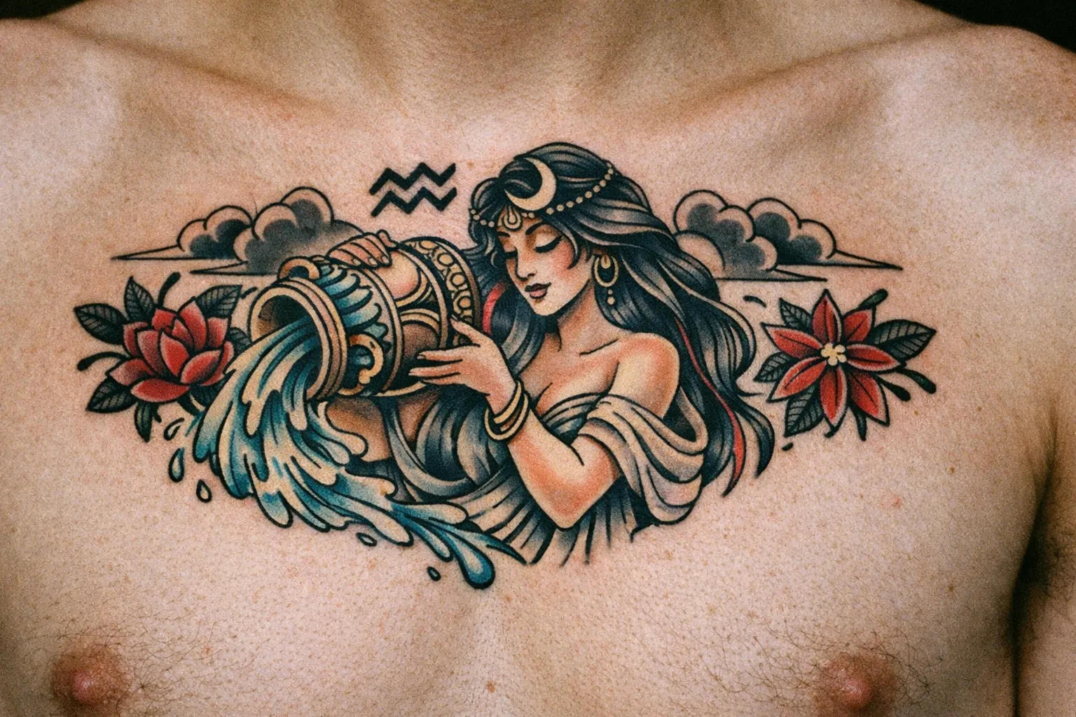 A large Aquarius-themed tattoo of a woman pouring water on a person's chest.