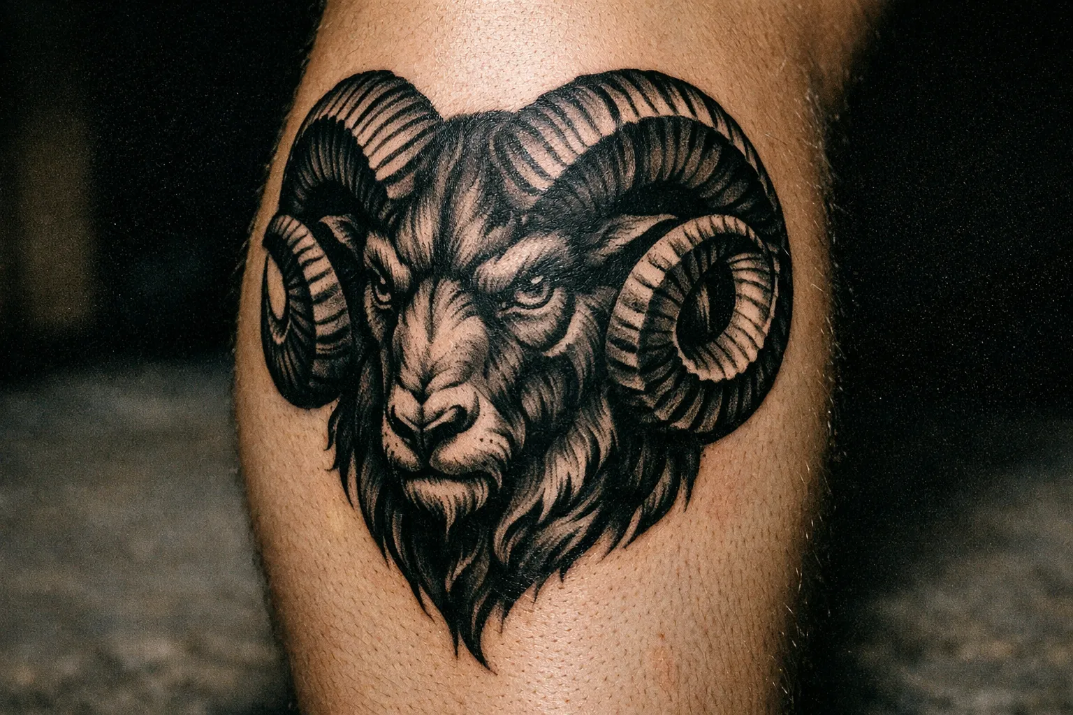 Bold Aries ram tattoo on the outer calf with strong black shading