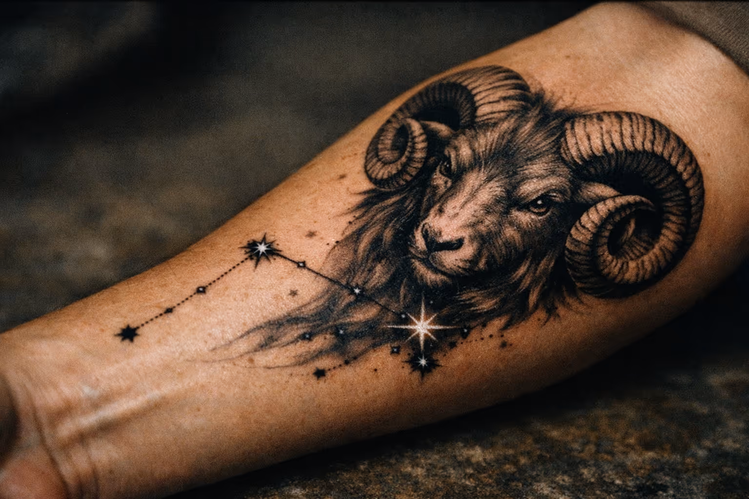 Editorial hero image of a large Aries tattoo on forearm with a ram motif and constellation trail