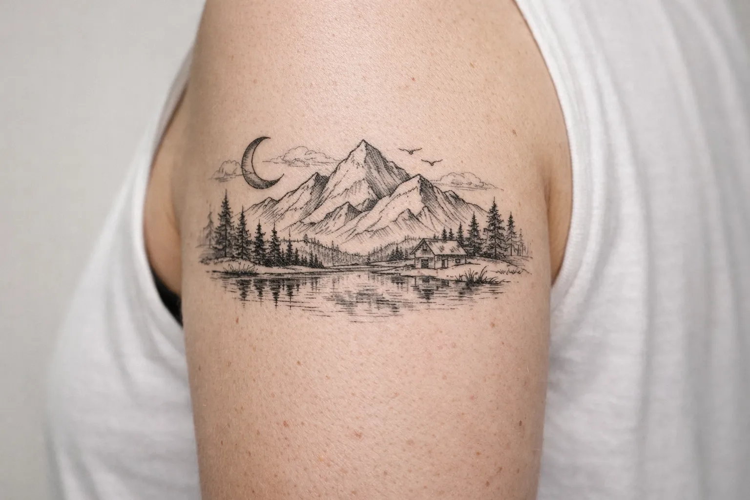 A person with a detailed mountain landscape tattoo on their upper arm.
