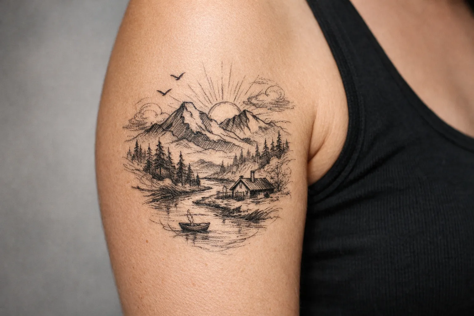 A detailed landscape scene tattoo of mountains, trees, a cabin, and a river on a person's upper arm.