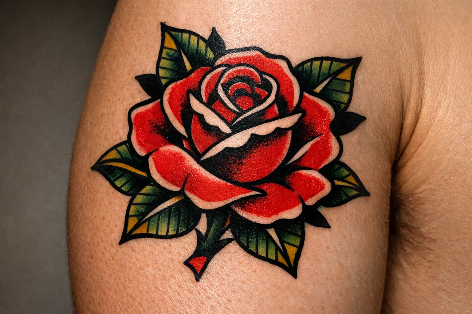 A red rose tattoo is shown on a person's upper arm.