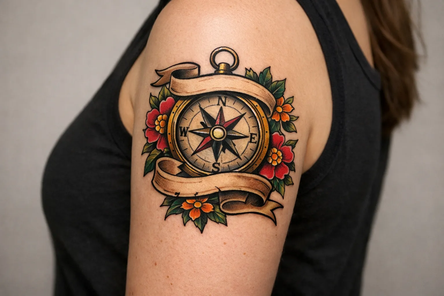 A person displays a colorful compass and floral tattoo on their upper arm.