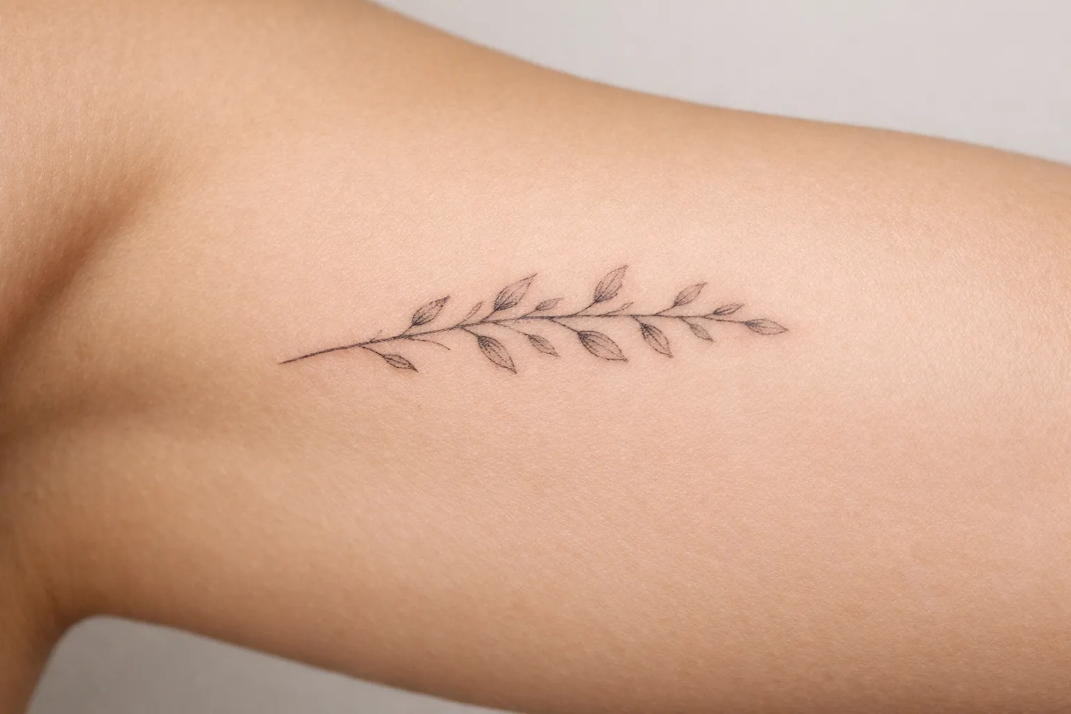 A simple leaf branch tattoo on the inner side of a person's arm.