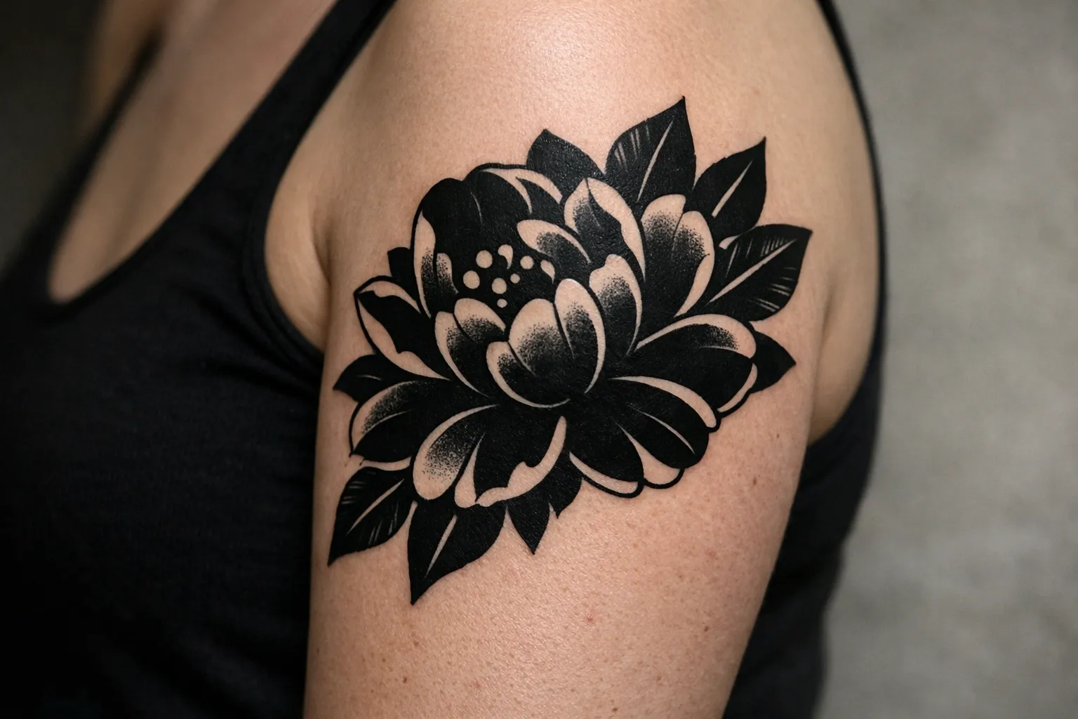 A person with a large black flower tattoo on their upper arm.