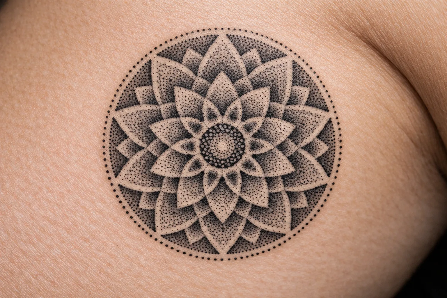 A geometric mandala tattoo is inked on a person's skin.