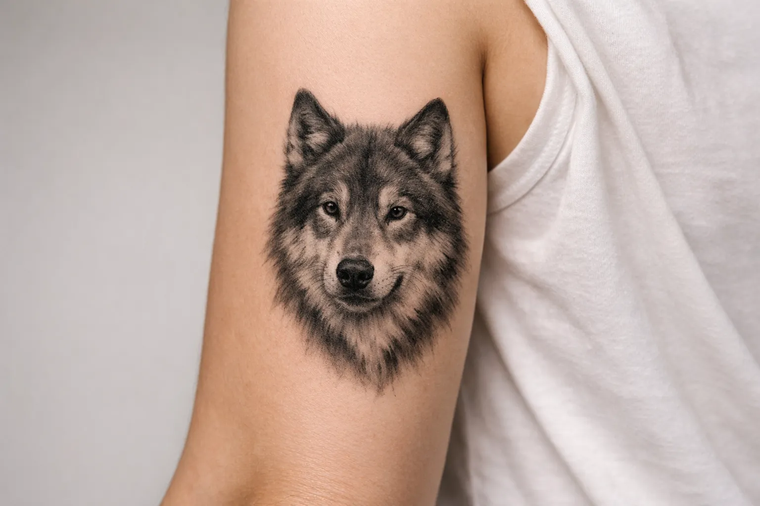 A realistic wolf head tattoo is visible on a person's upper arm.