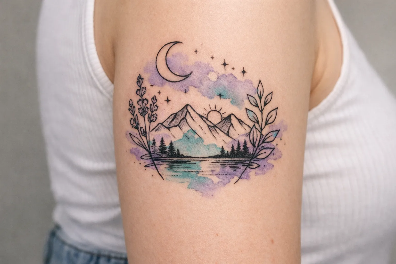 A person with a colorful mountain and nature scene tattooed on their upper arm.