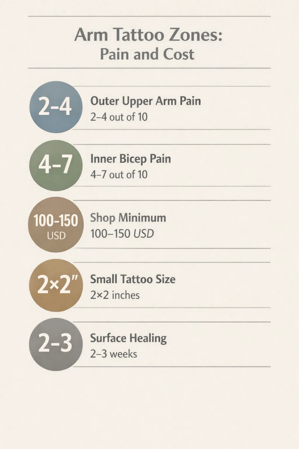 Infographic comparing outer upper arm, inner bicep, and inner arm pain and cost benchmarks.