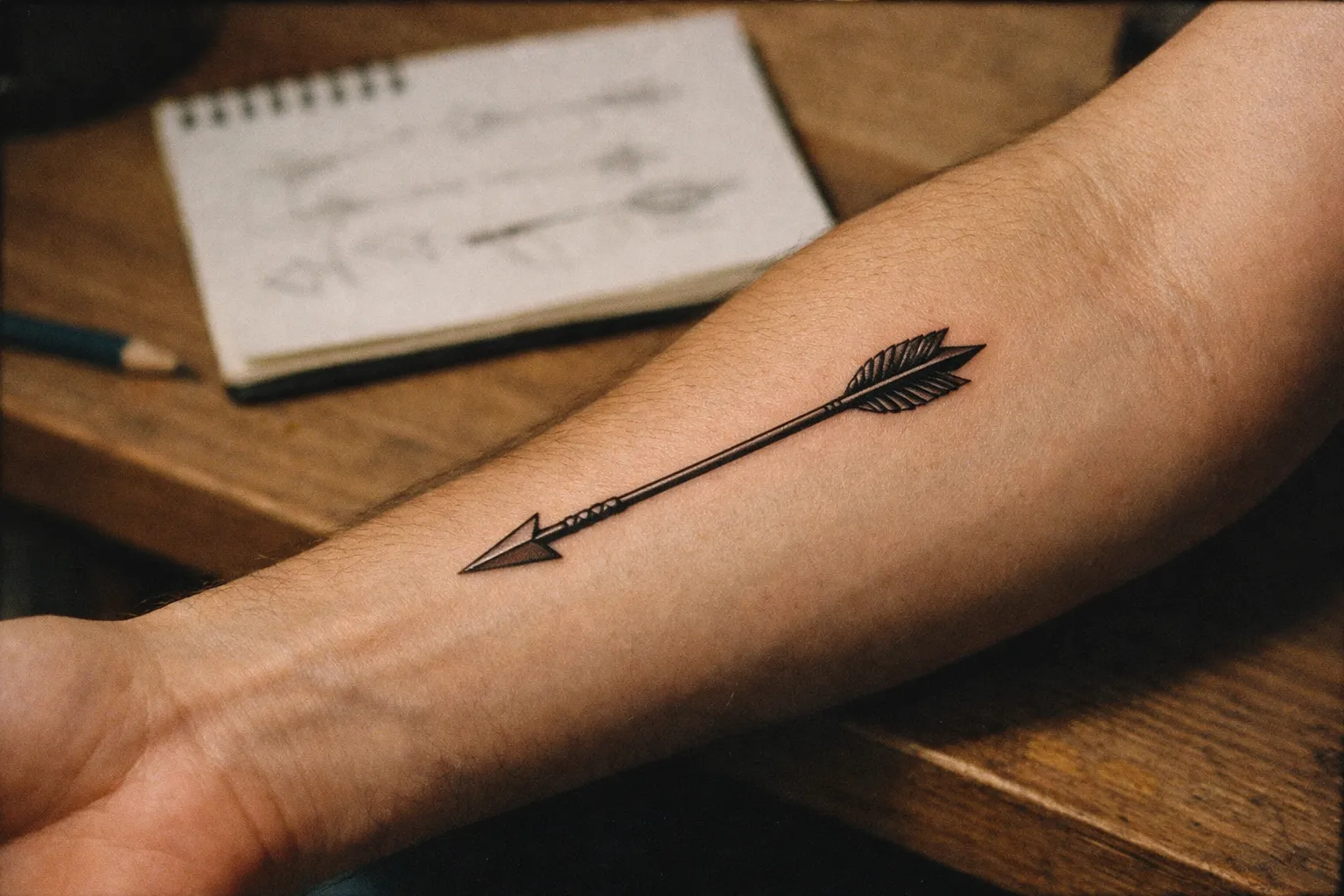 Forearm tattoo scene with planning aids in background showing reference sketches