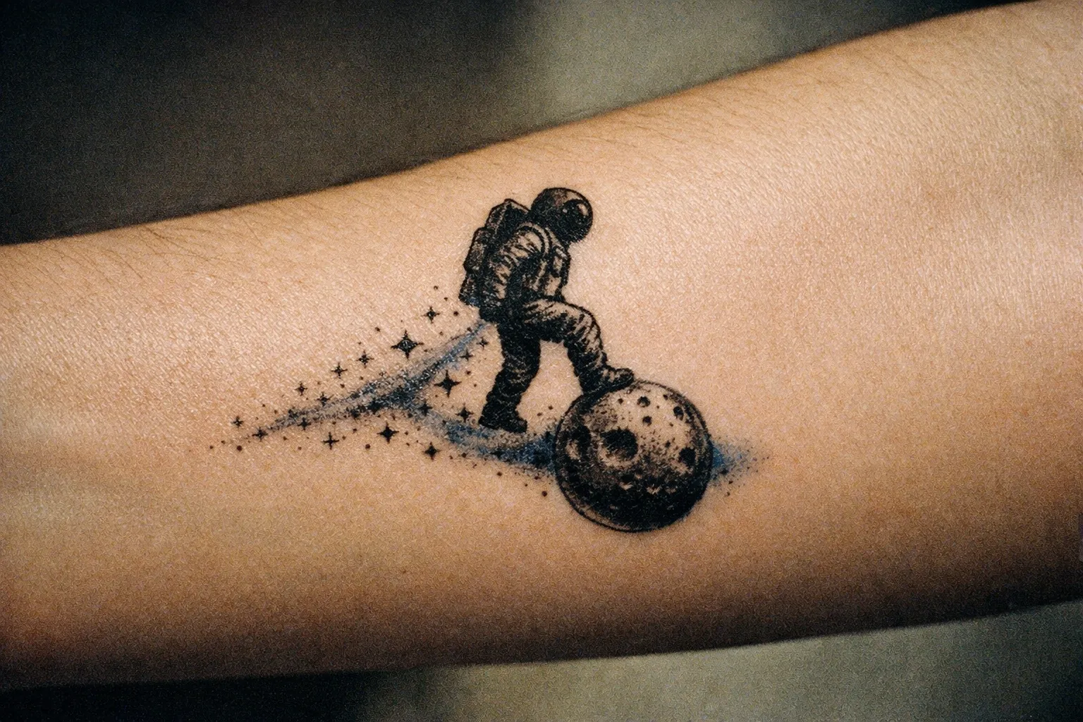 Forearm tattoo of an astronaut silhouette stepping onto a tiny planet, photographed in editorial close-up
