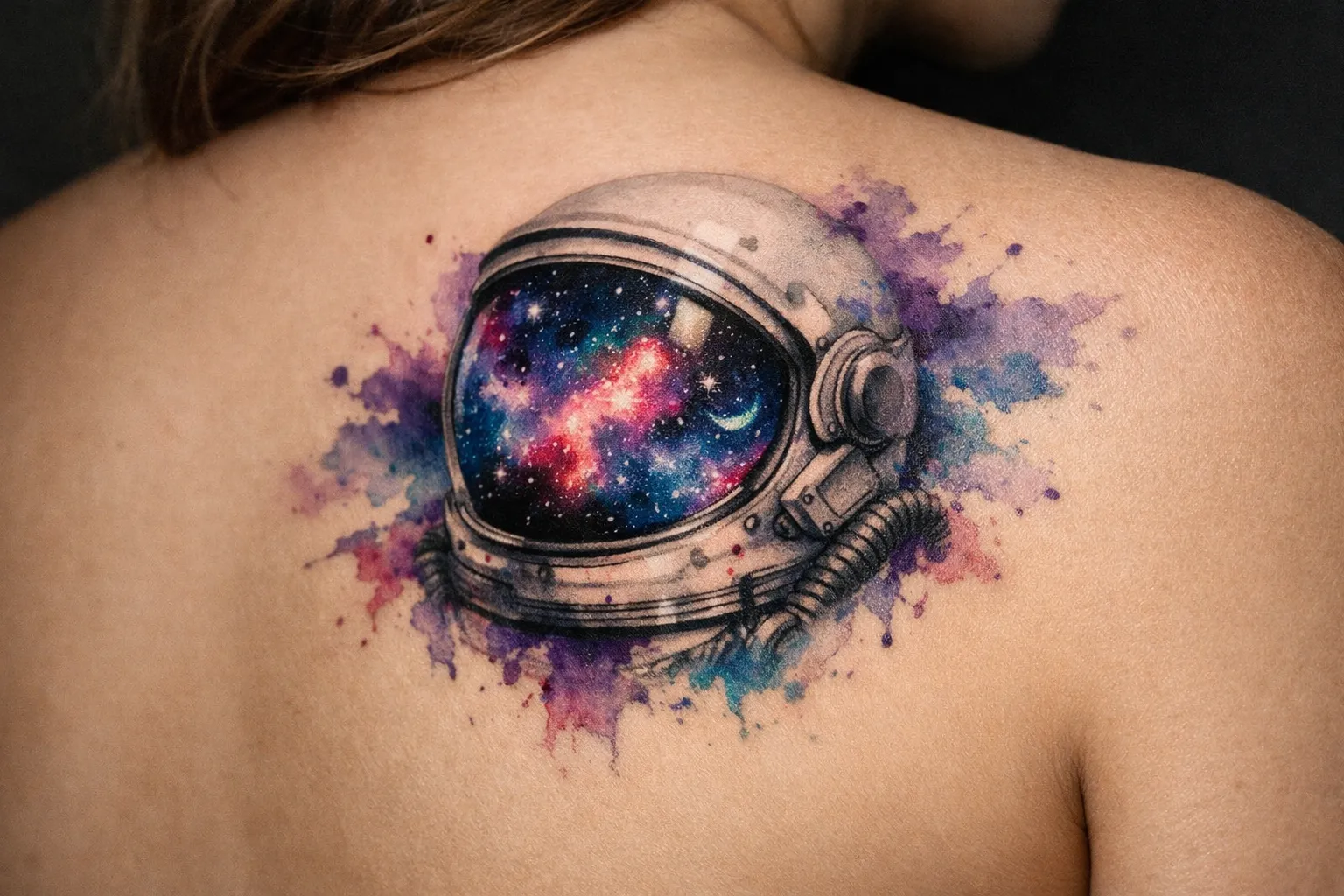 A colorful astronaut helmet tattoo is inked on a person's upper back.