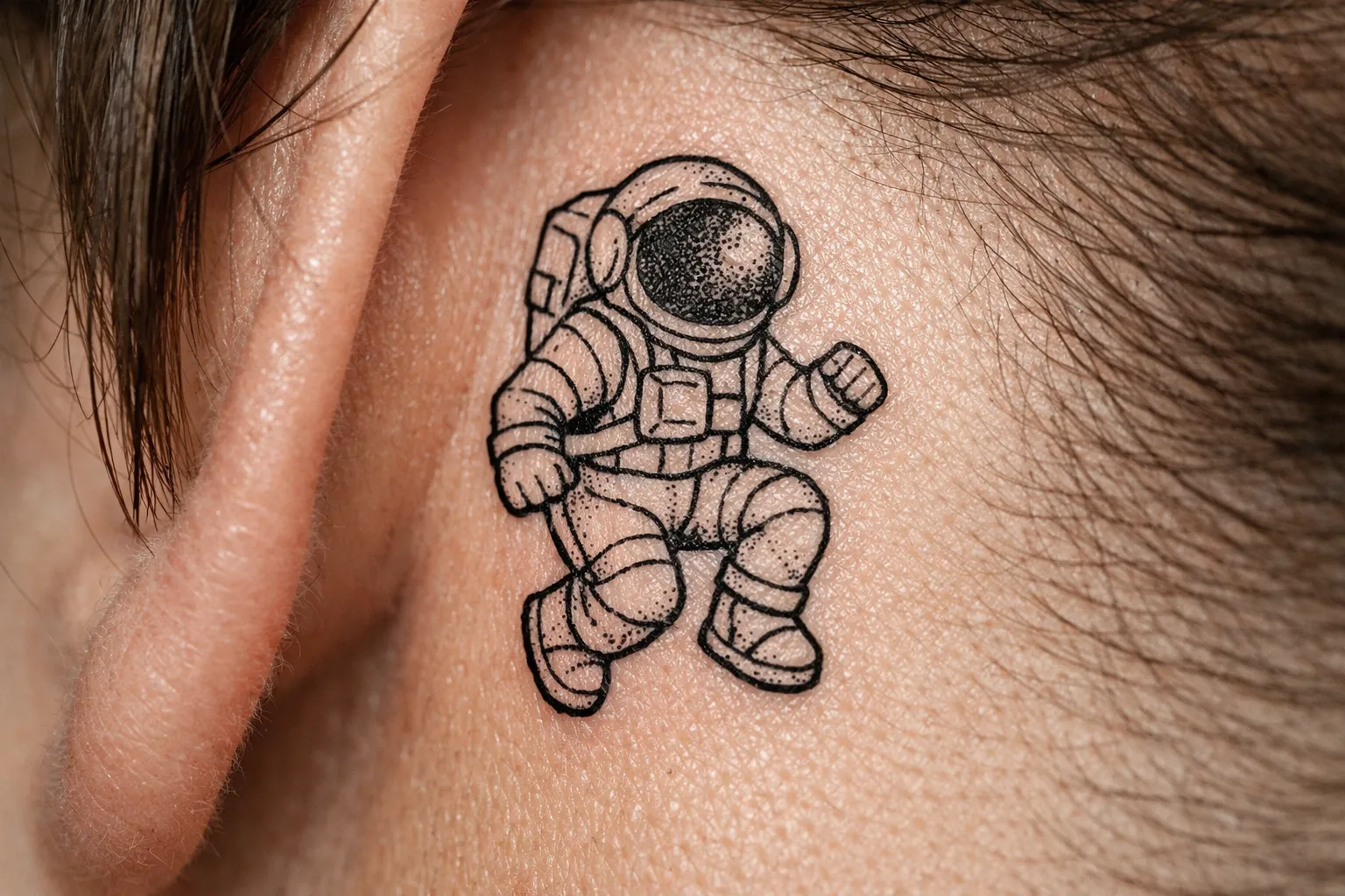 A small astronaut tattoo is inked behind a person's ear.