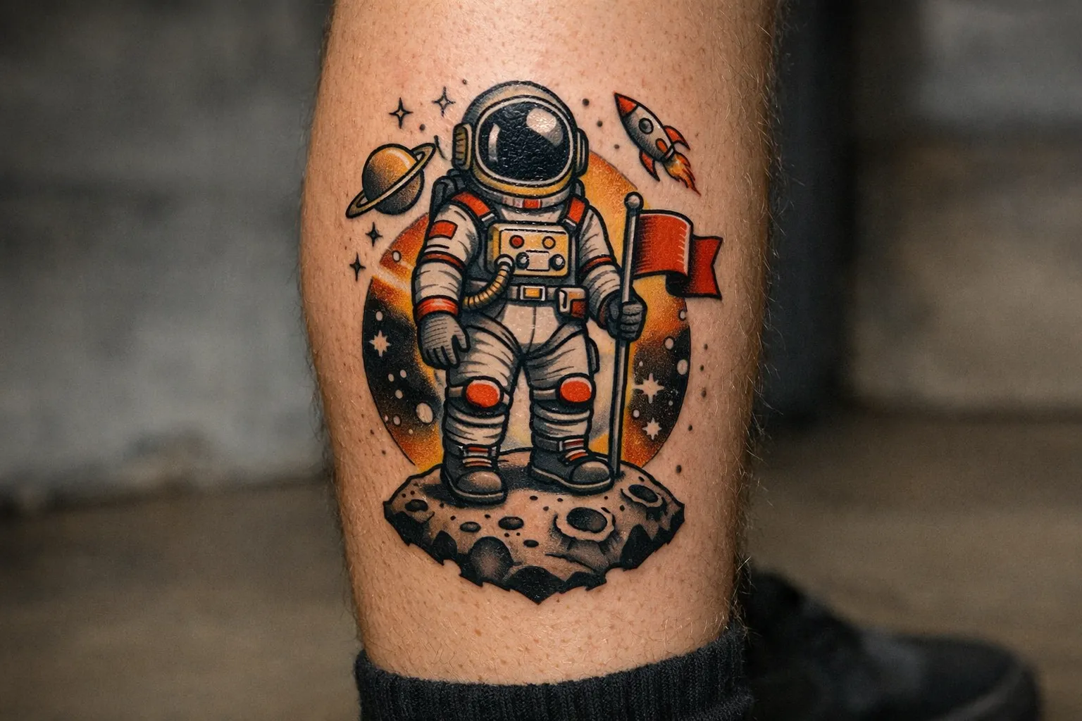 A cartoon astronaut tattoo is inked on a person's calf, showing the astronaut holding a flag on a moonlike surface.
