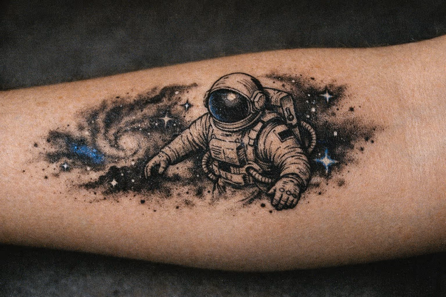Close-up editorial shot of a forearm with a detailed astronaut tattoo and cosmic elements