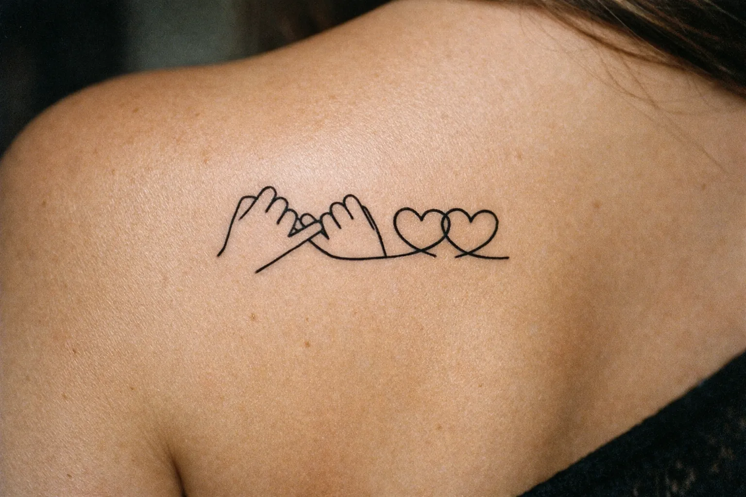 Minimalist tattoo of two hands making a pinky promise and two hearts on a woman's upper back.