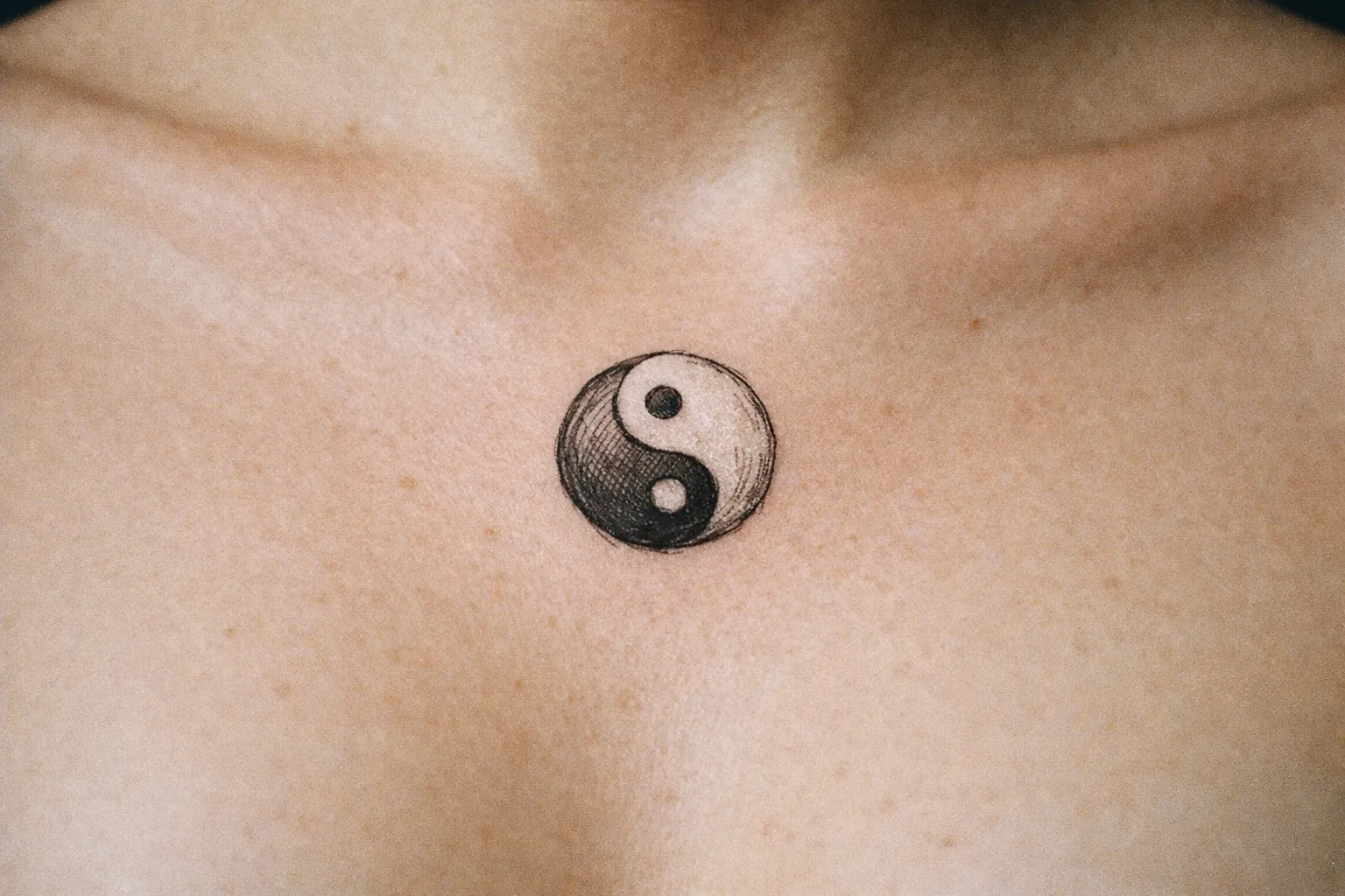 A yin-yang tattoo is centered on a person's upper chest below the collarbones.