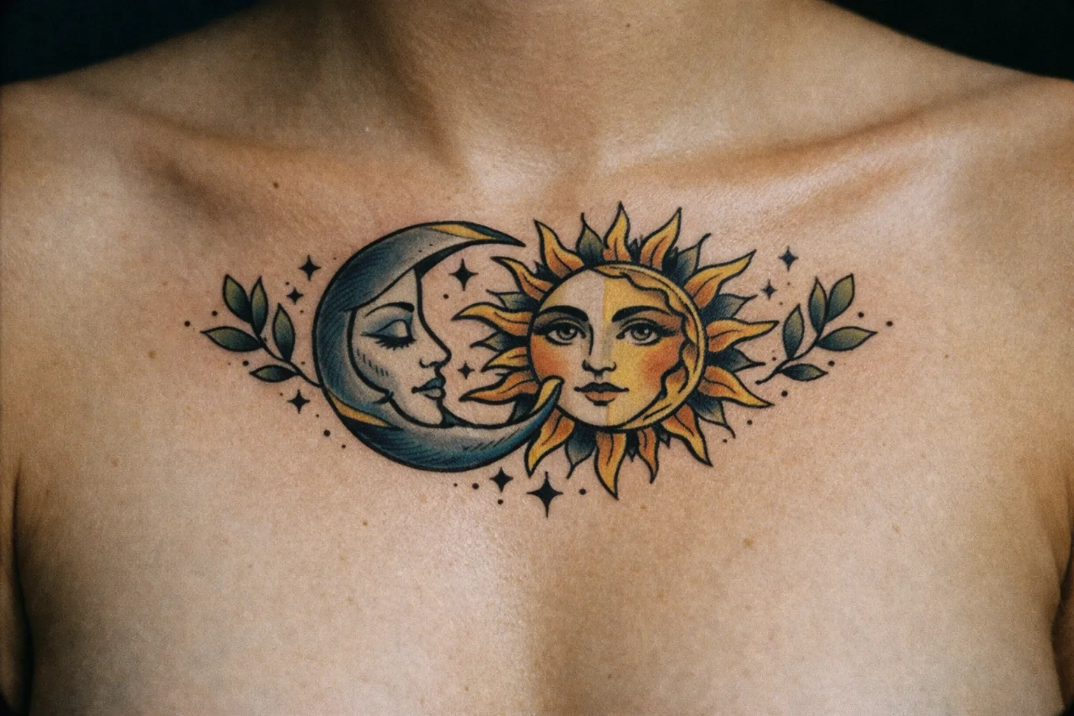 A person with a colorful sun and moon tattoo on their upper chest.