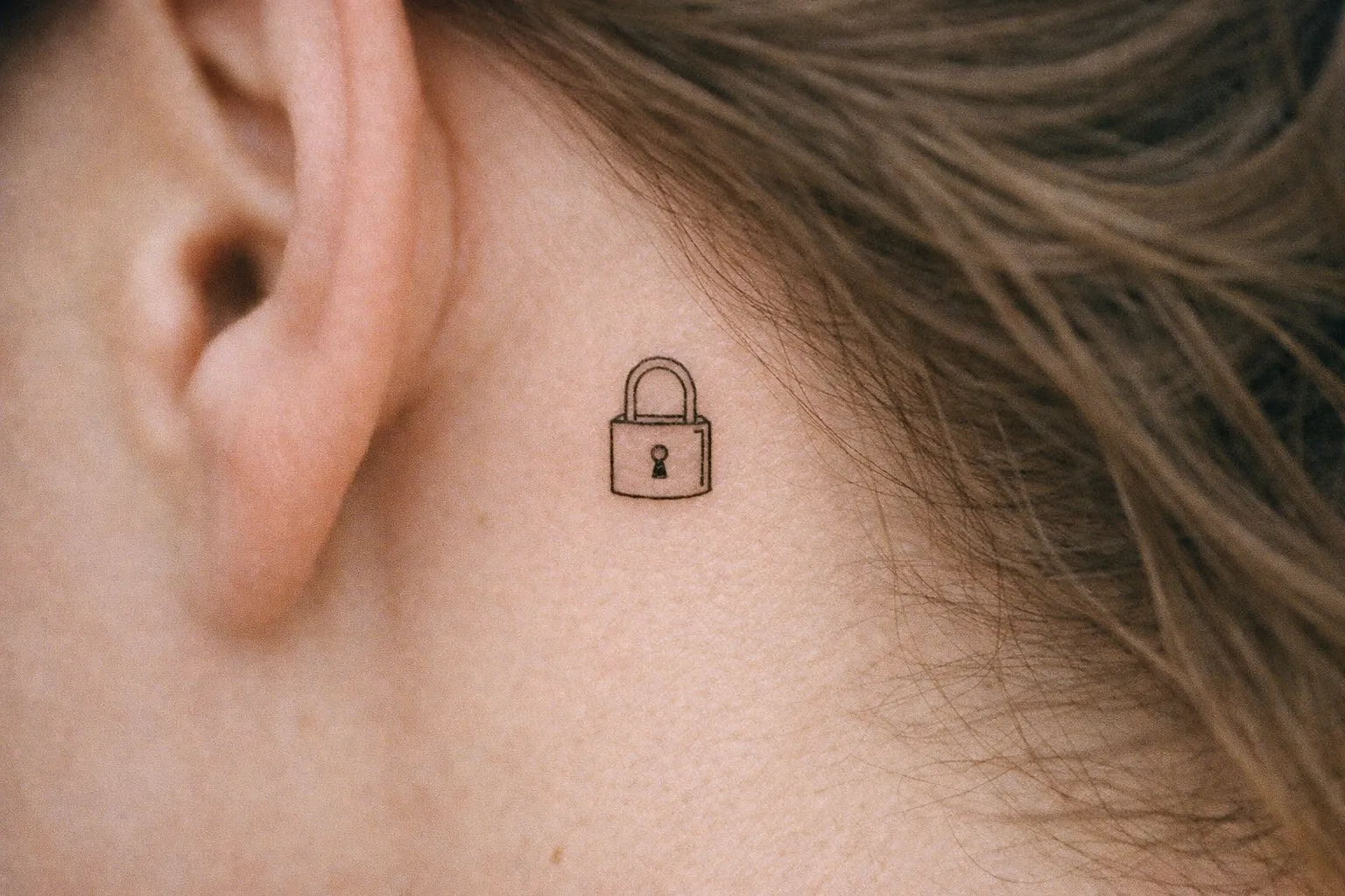 A small padlock tattoo behind a person's ear.