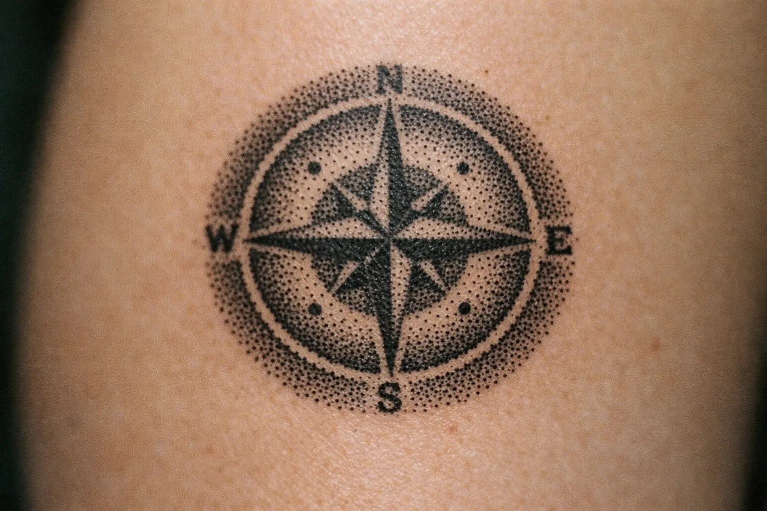 A close-up of a compass rose tattoo on human skin.
