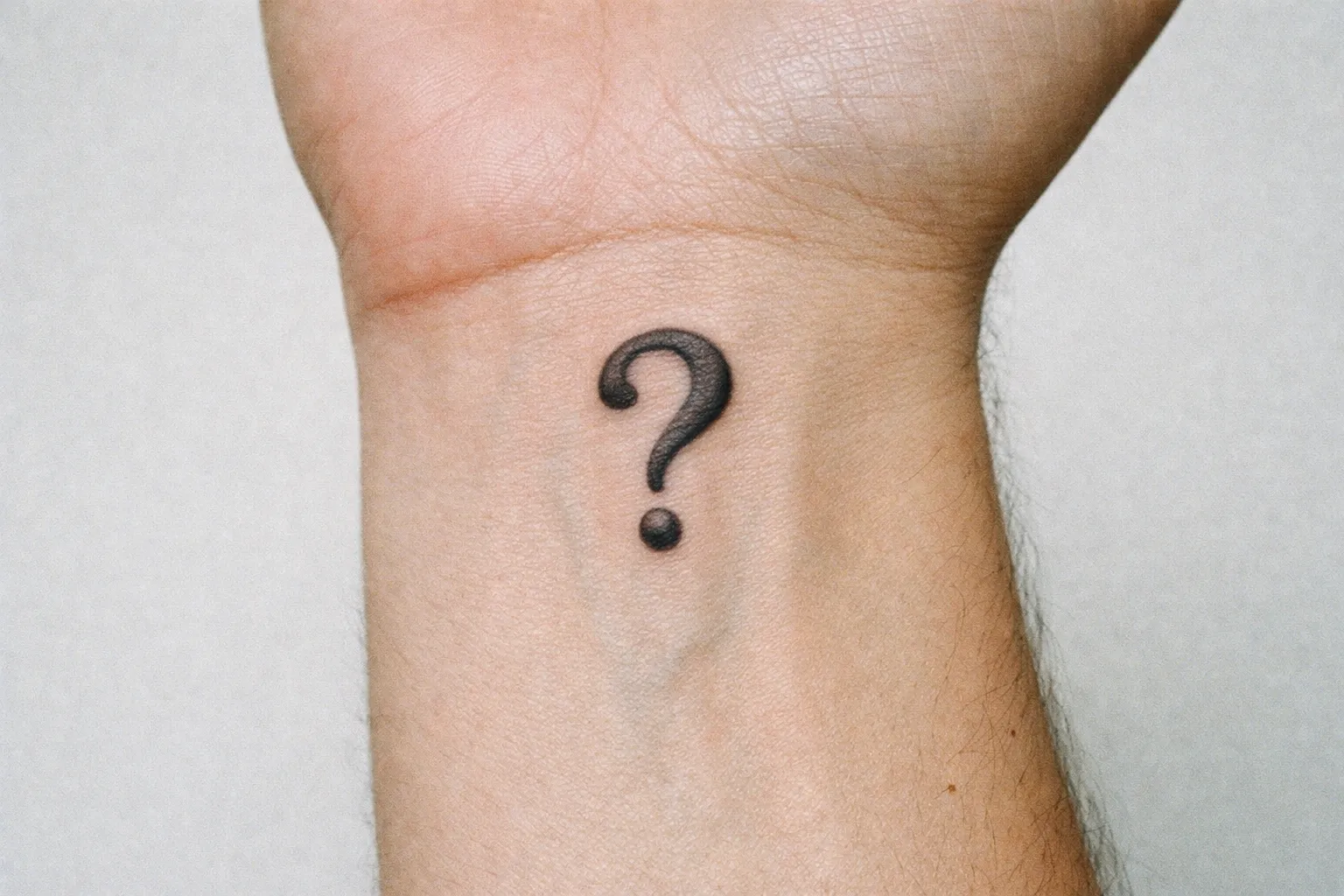 A person's wrist with a question mark tattoo on the inner side.