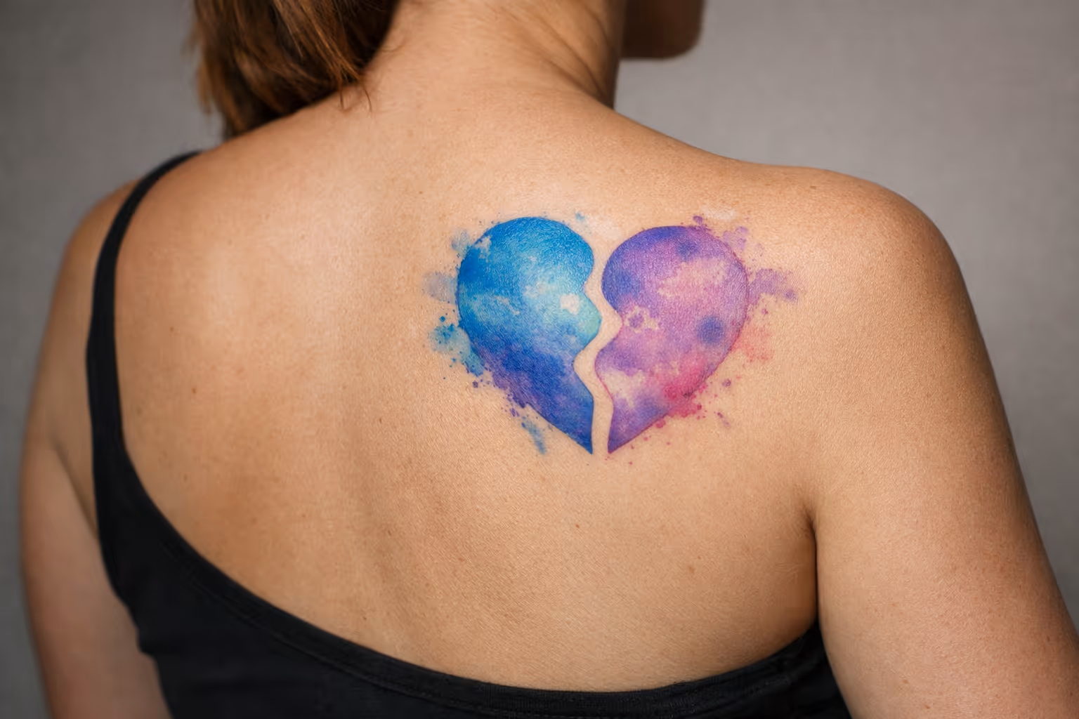 A person with a colorful broken heart tattoo on their upper back.