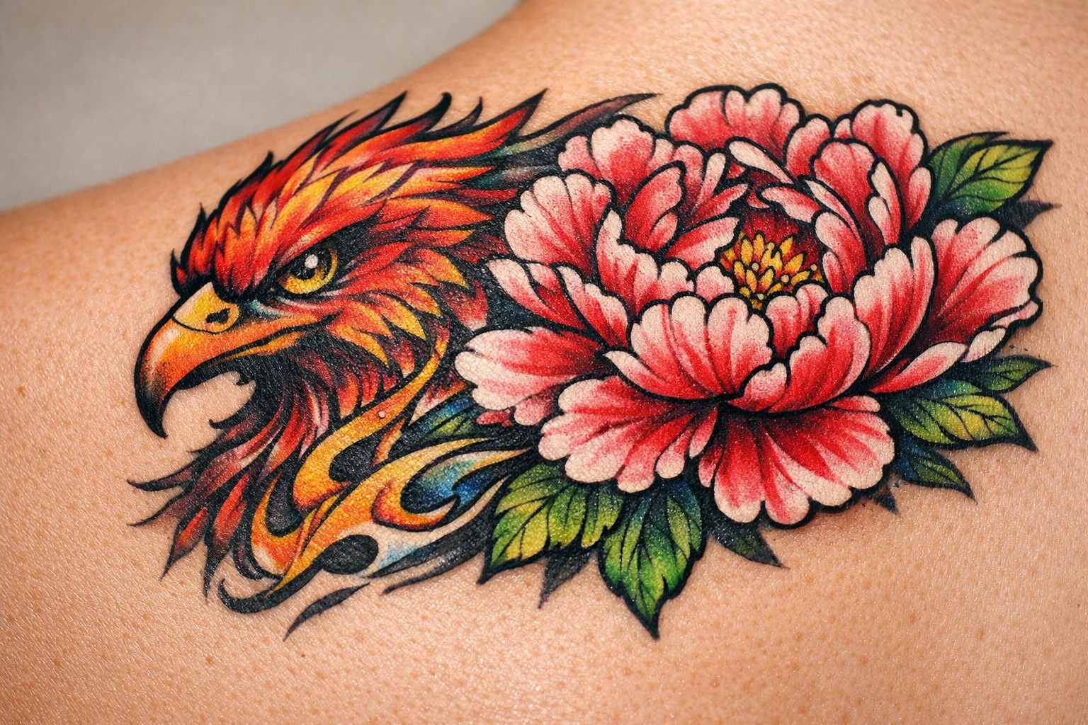 A colorful tattoo of a phoenix head and a pink peony flower on a person's upper back.