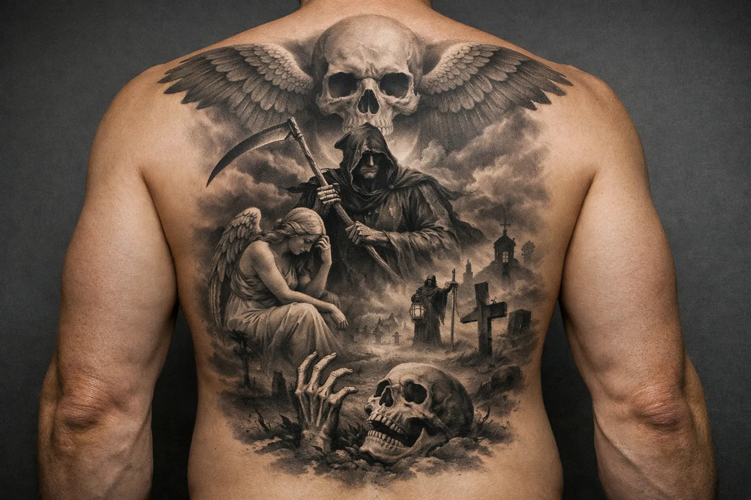 A man's bare back displays a detailed black and grey tattoo of the grim reaper, angel, and graveyard scene.
