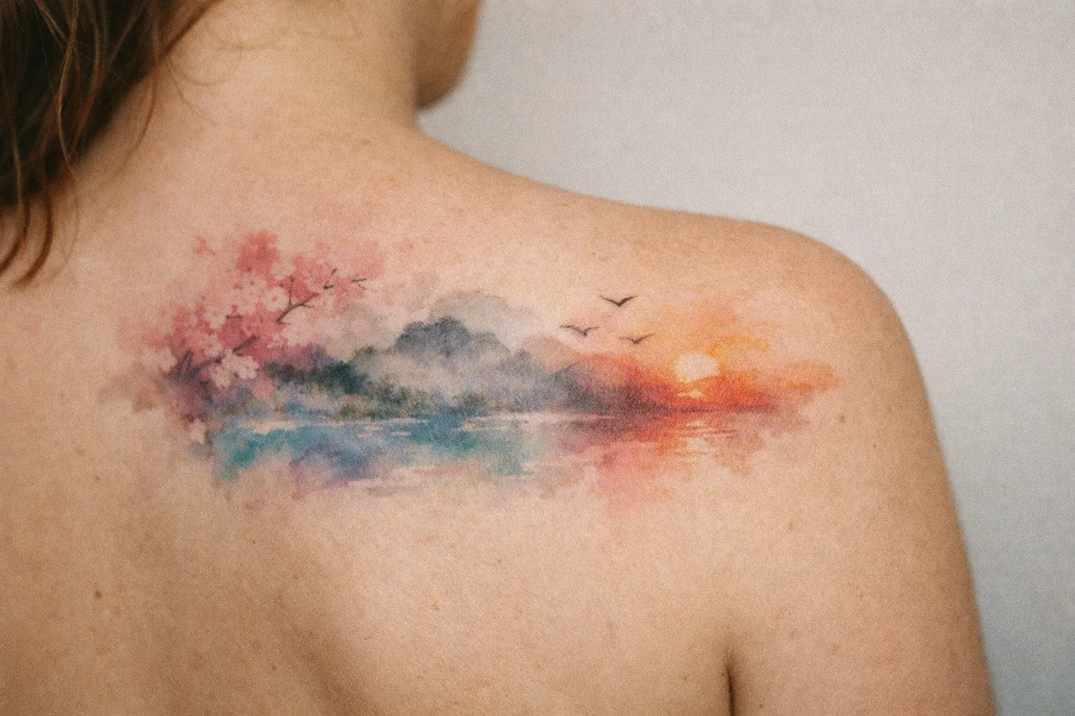 Back tattoo on the shoulder blade area shown in watercolor style