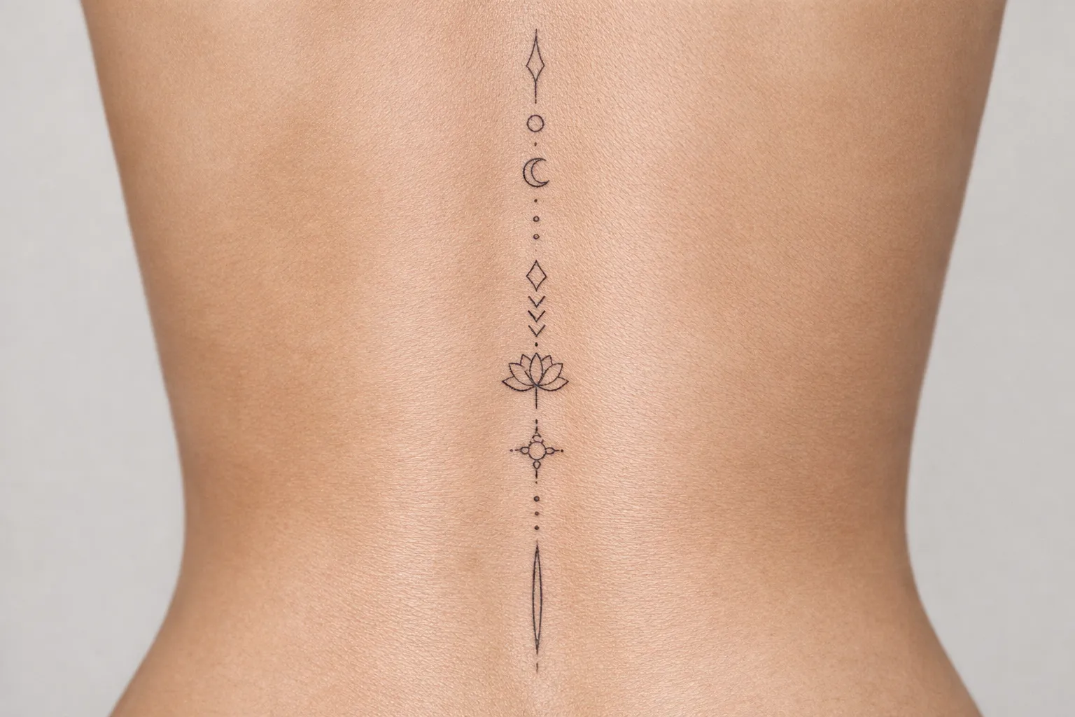 A person with a fine line geometric and floral tattoo running down the center of their back.