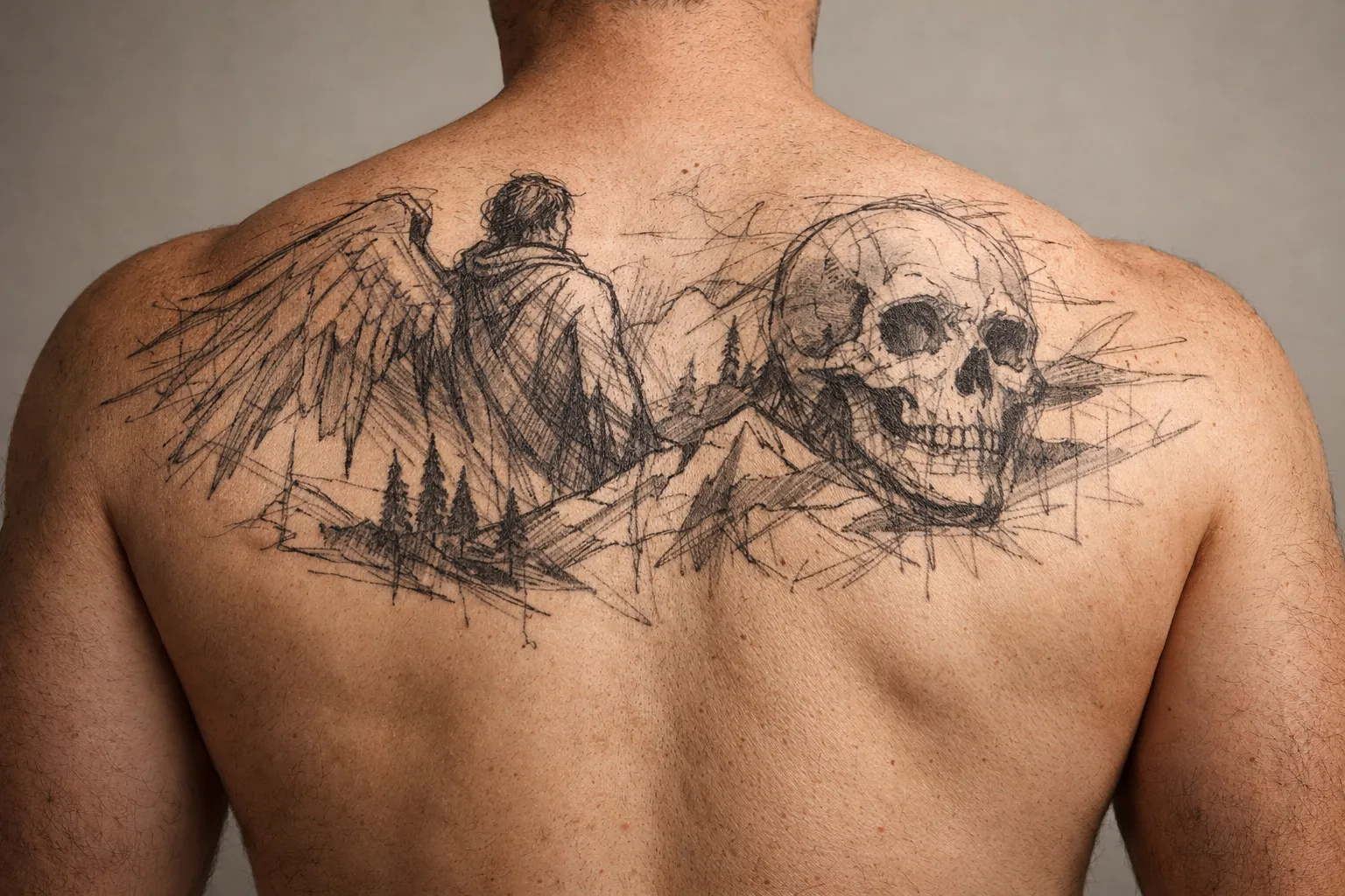 A person with a large black tattoo of an angel and skull design covering their upper back.
