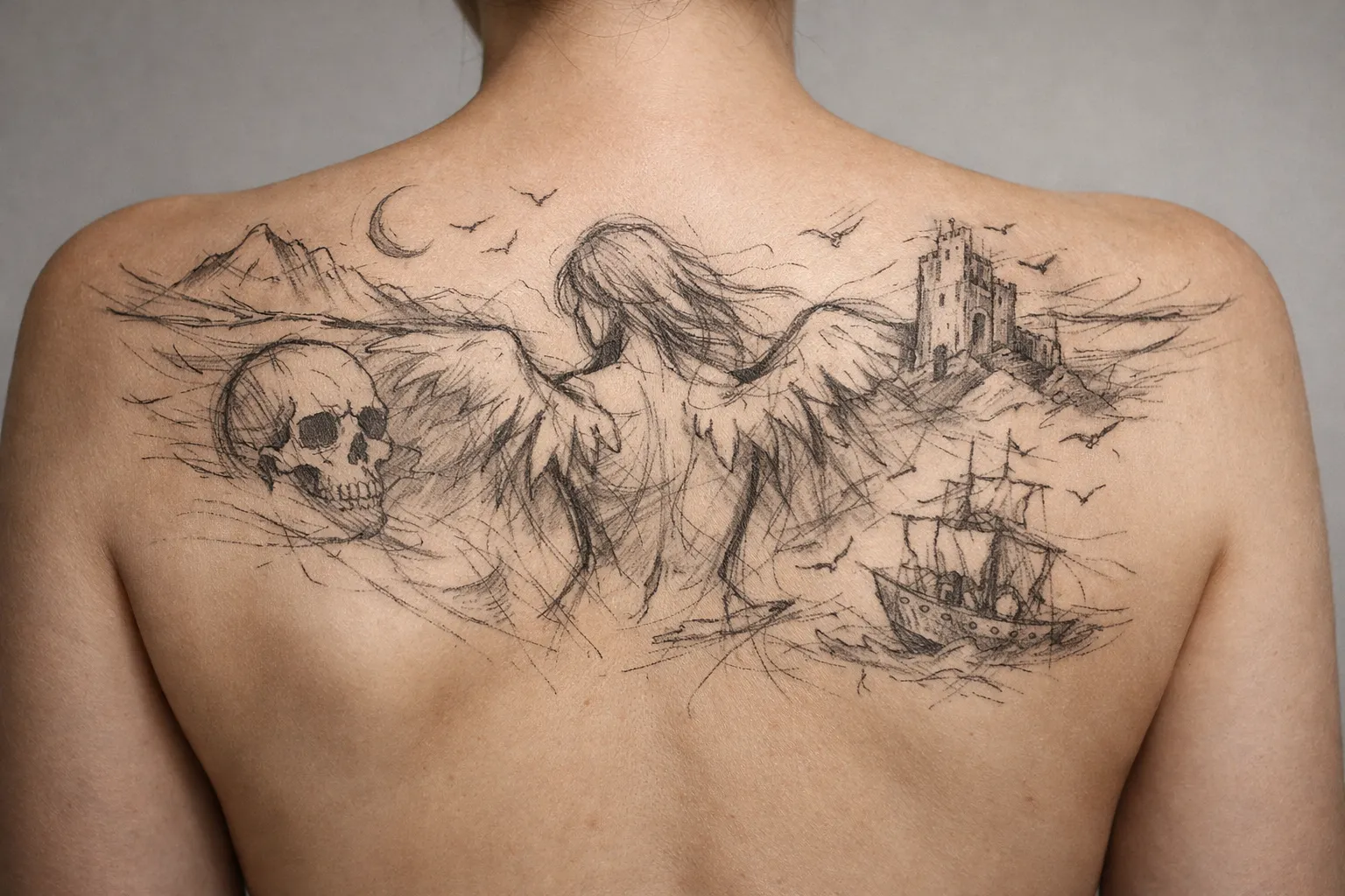 A person with a large back tattoo featuring an angel with wings, a skull, a castle, and a ship.