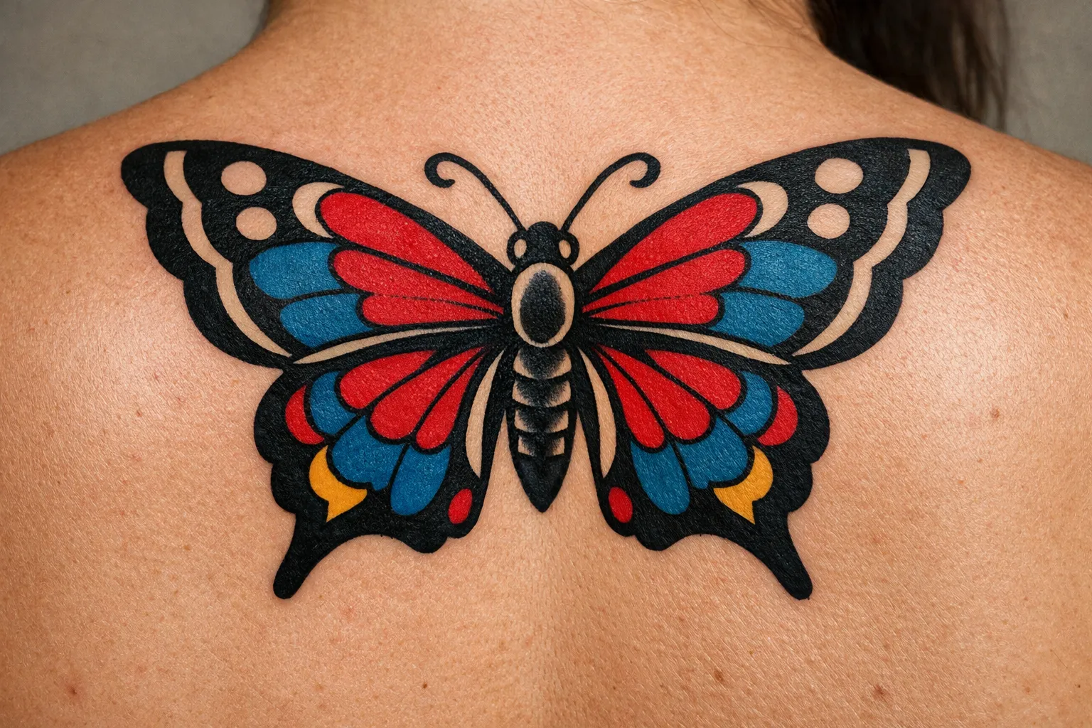A colorful butterfly tattoo is centered on a person's upper back.