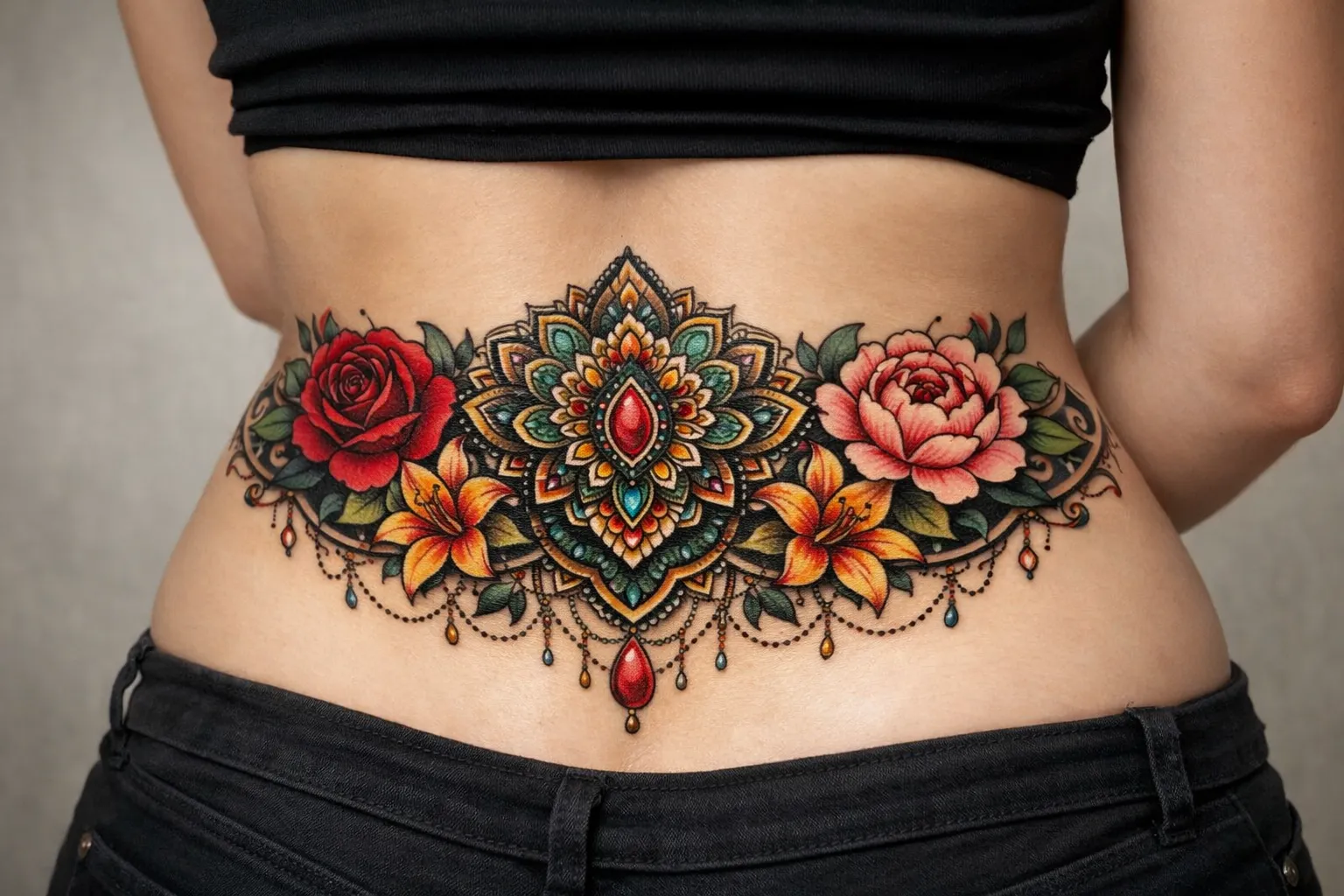 A person displays a large, colorful floral and mandala tattoo across their lower back.