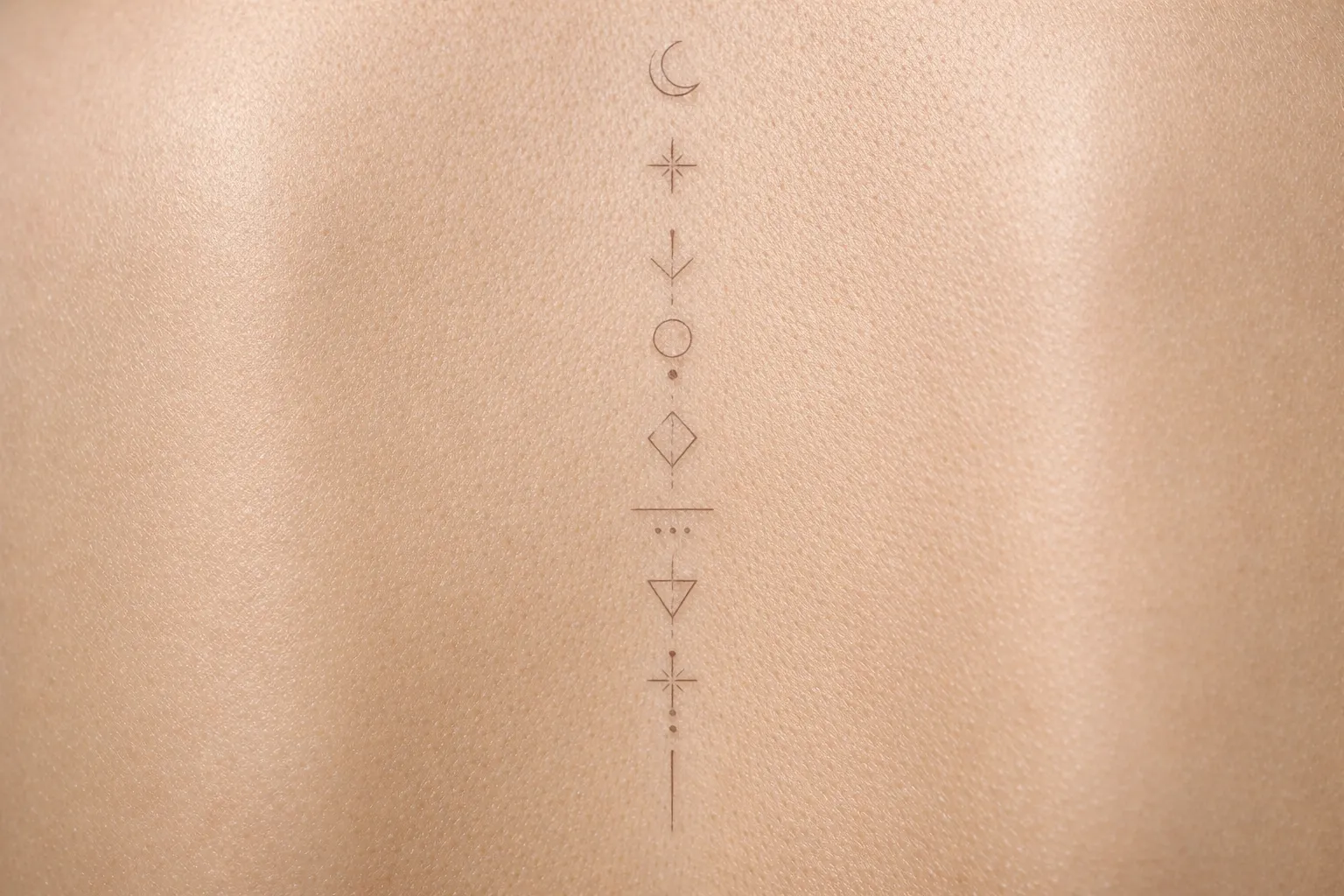 A minimalist line and symbol tattoo runs down the center of a person's bare back.
