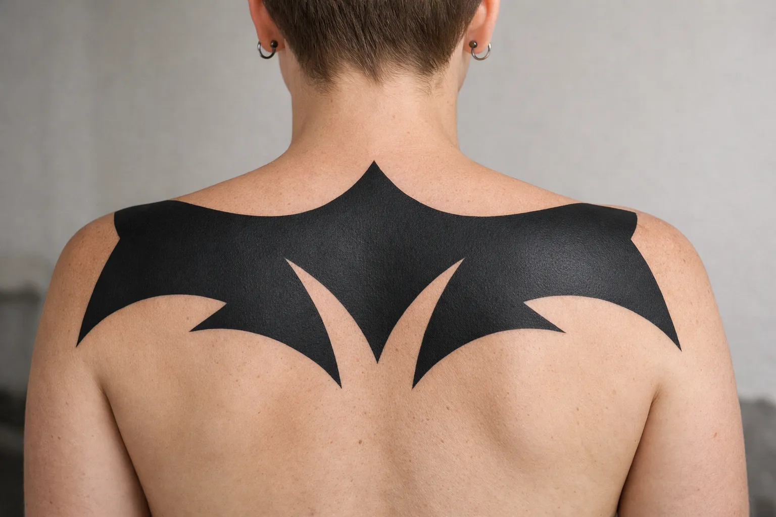 A person with short hair shows a large black abstract tattoo across their upper back and shoulders.