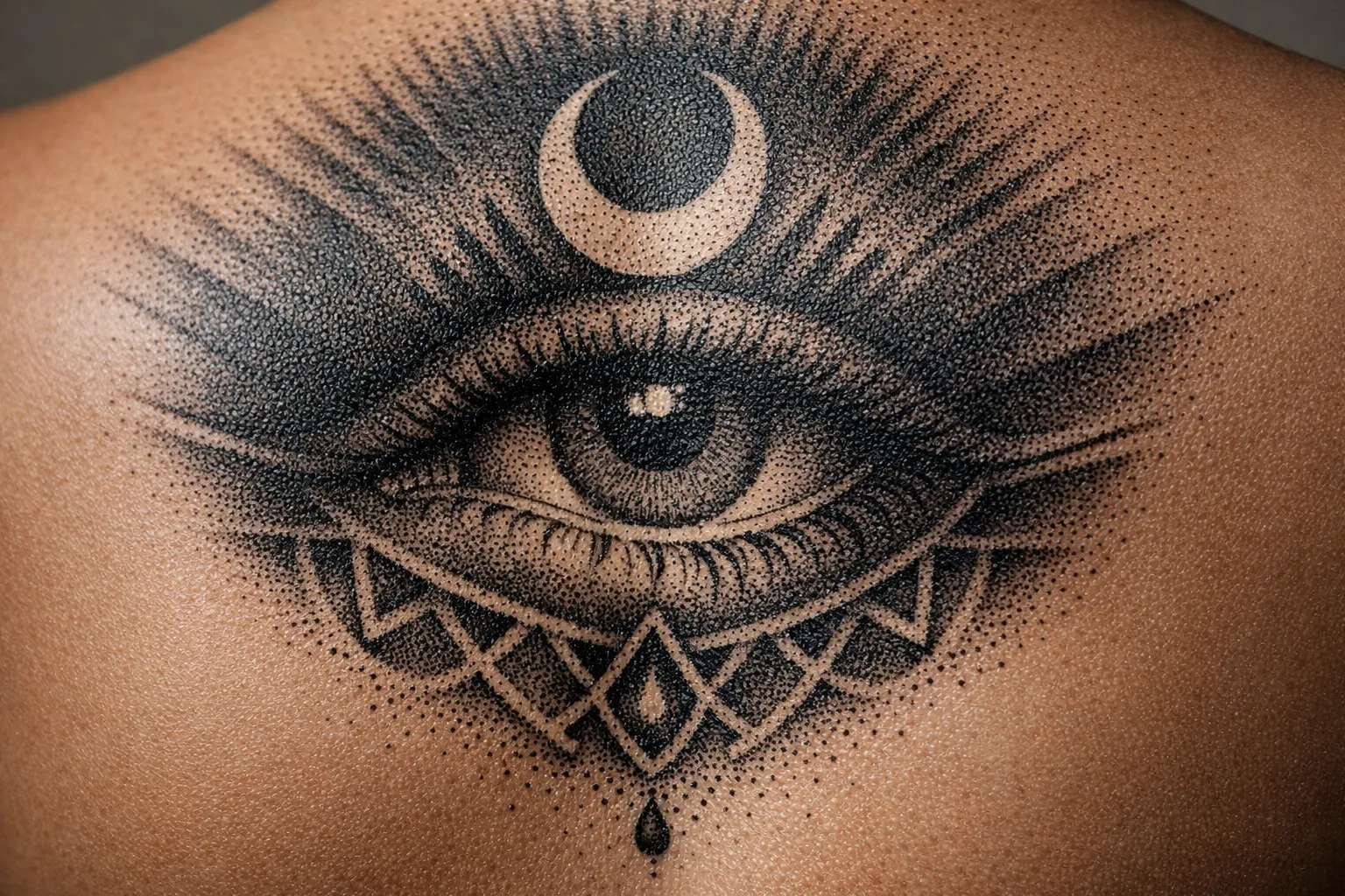 A detailed eye tattoo with a crescent moon is inked on a person's upper back.