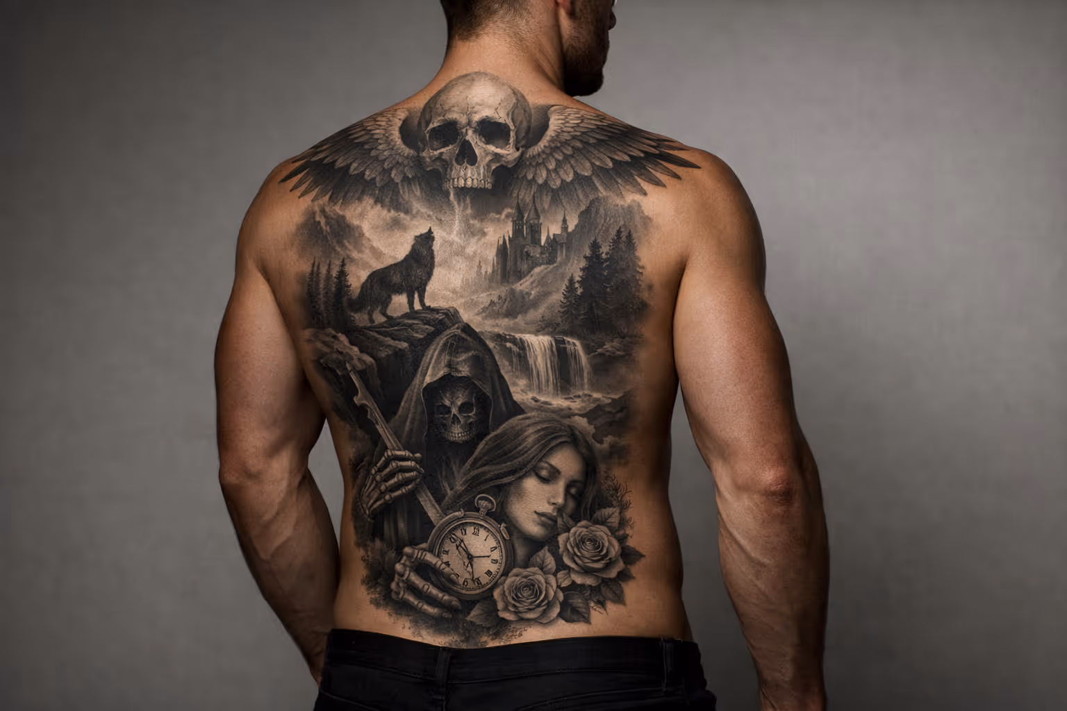A man with an elaborate back tattoo featuring a skull, wolf, and various symbolic elements in a studio setting.