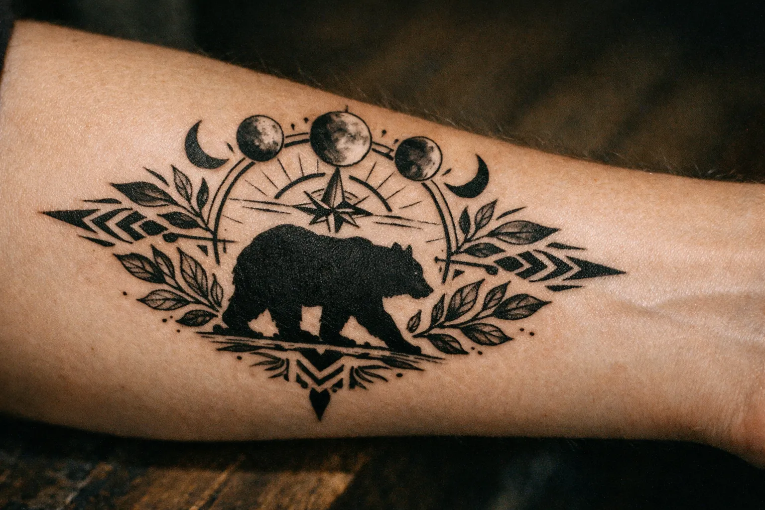 Close-up of forearm tattoo with a bear and surrounding symbols