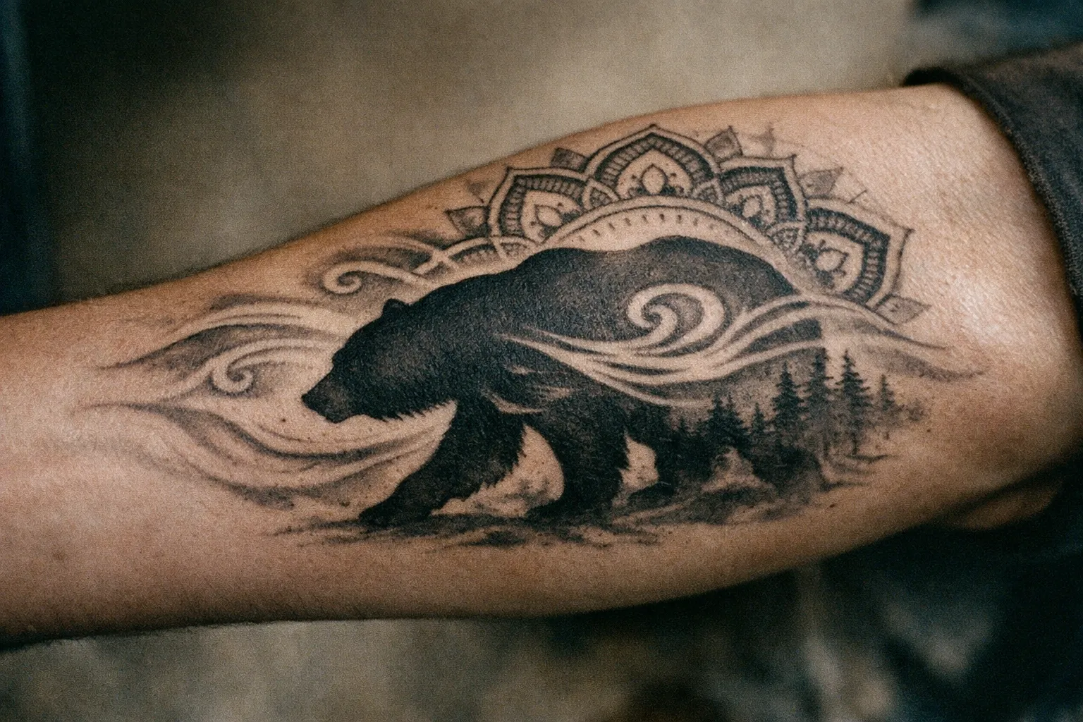 Forearm sleeve-style bear tattoo blending a bear with spiritual motifs