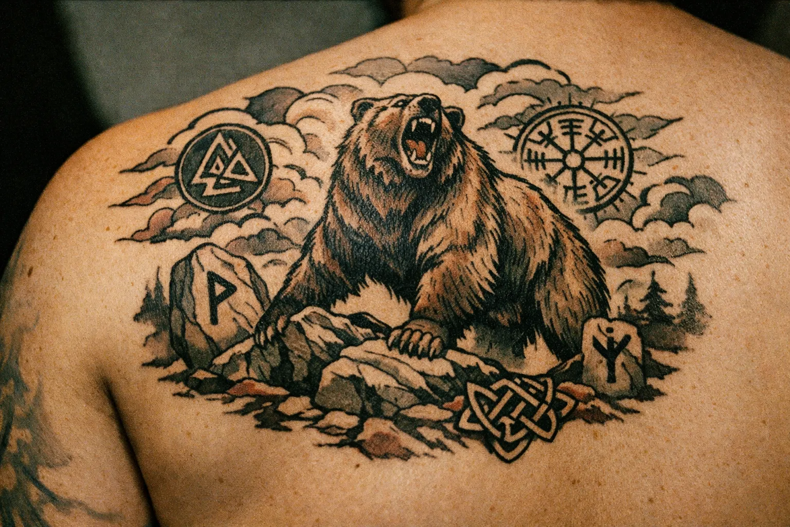 Shoulder/upper back mythic bear scene with runes