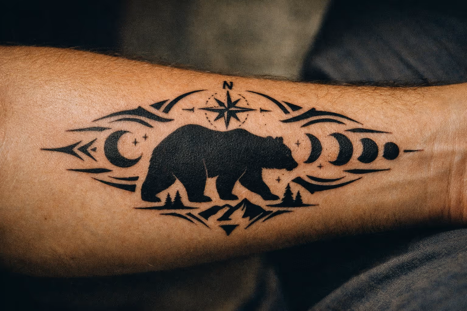 Editorial close-up of a healed bear tattoo on forearm, showcasing linework and shading in a story-driven design.