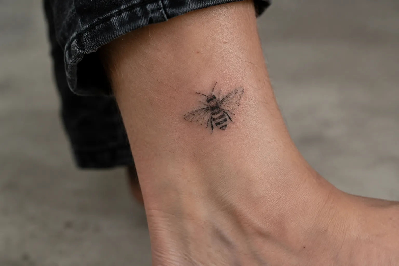 A small bee tattoo on a person's ankle above the foot.