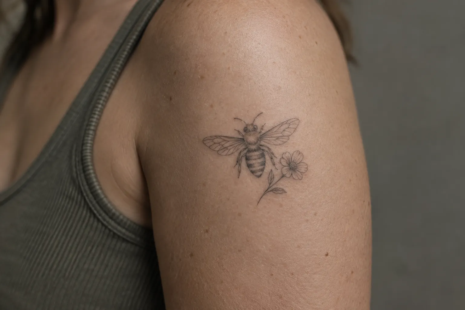 A person has a bee and flower tattoo on their upper arm.